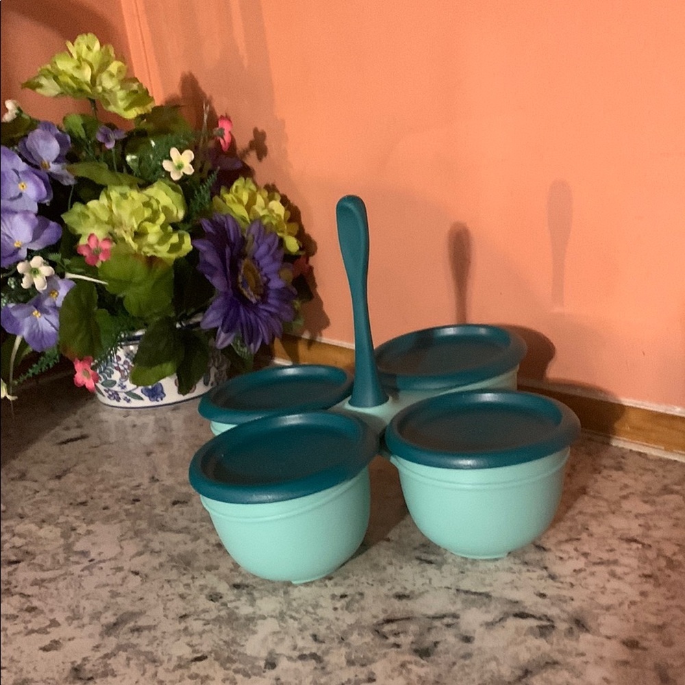 NWT Tupperware 
Essentials Condiment Server 4 piece
Set Shades Of Teal